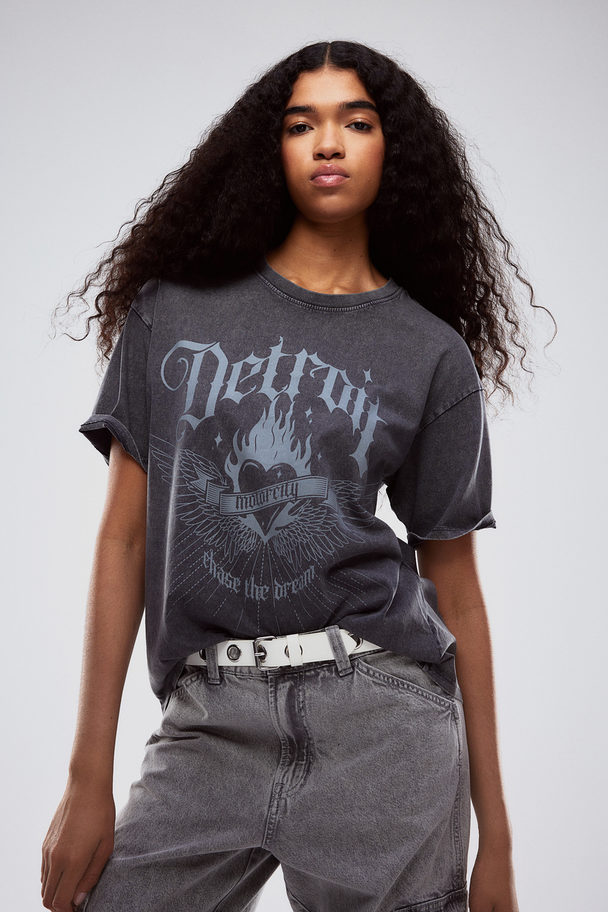 H&M Oversized Printed T-shirt Dark Grey/detroit