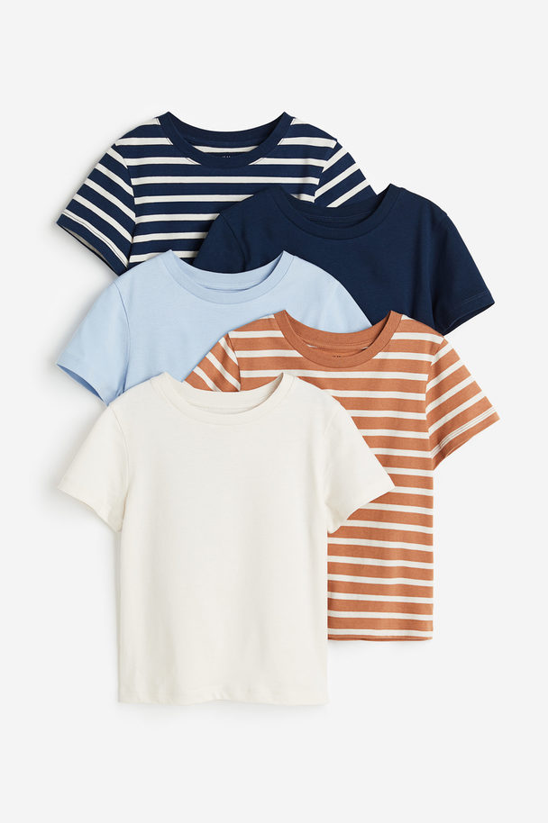 H&M Set Van 5 Katoenen T-shirts Donkerblauw/gestreept