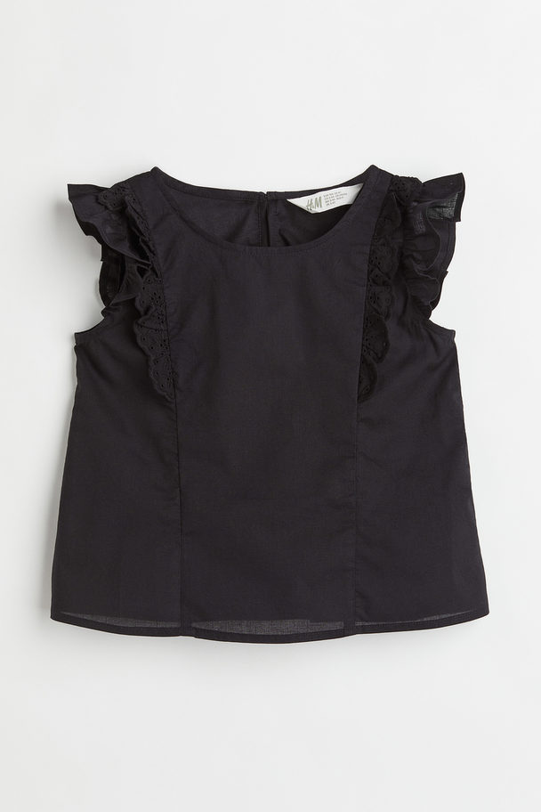 H&M Flounce-trimmed Cotton Blouse Black