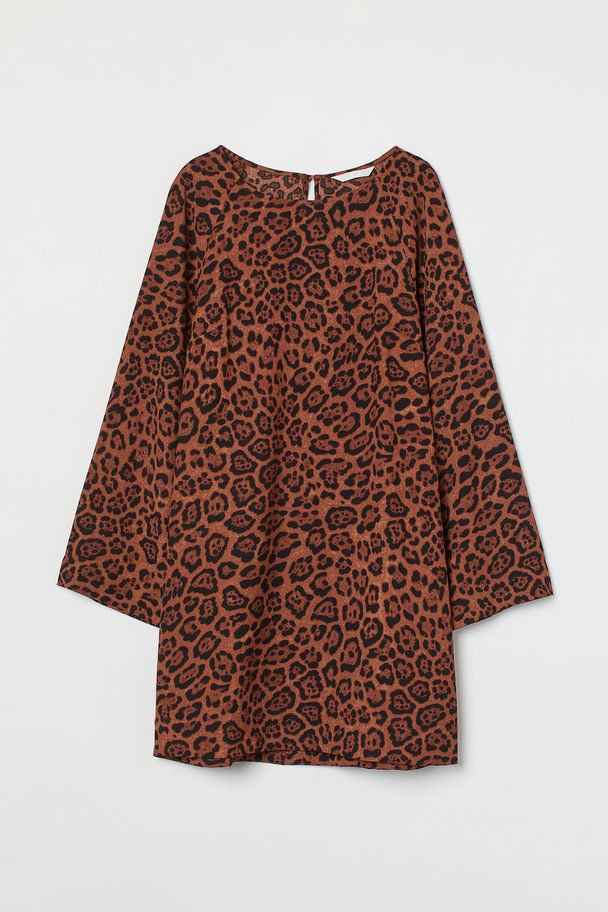H&M Wide-sleeved Dress Brown/jaguar-patterned