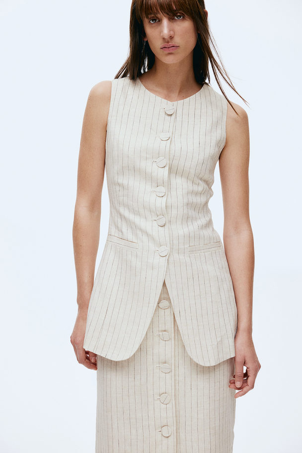 H&M Linen Suit Waistcoat Light Beige/pinstriped