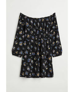 H&m+ Off-the-shoulder Dress Black/small Flowers