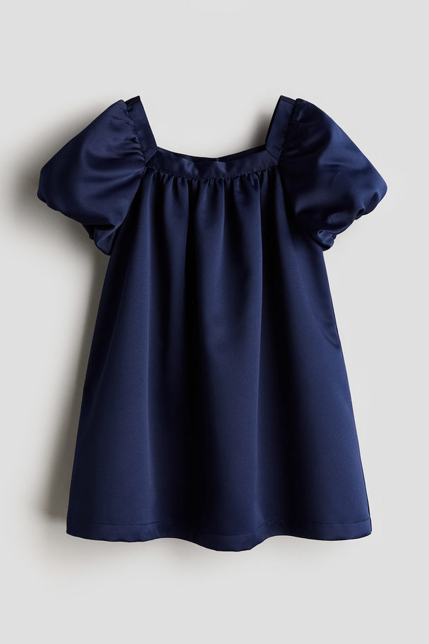 H&M Balloon-sleeved Satin Dress Dark Blue