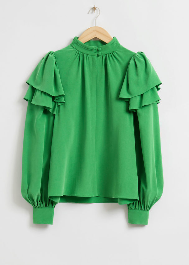 & Other Stories Mulberry Silk Layered Frilled Shirt Bright Green