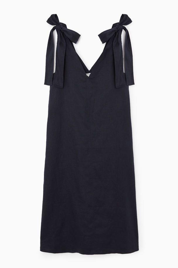 COS Bow-detail Linen Midi Dress Navy Blue