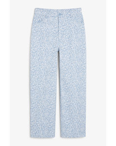 High-waisted Twill Trousers With Floral Pattern Floral Pattern