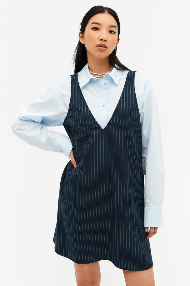 Monki Short V-neck A-line Dress Dark Blue Pinstripe