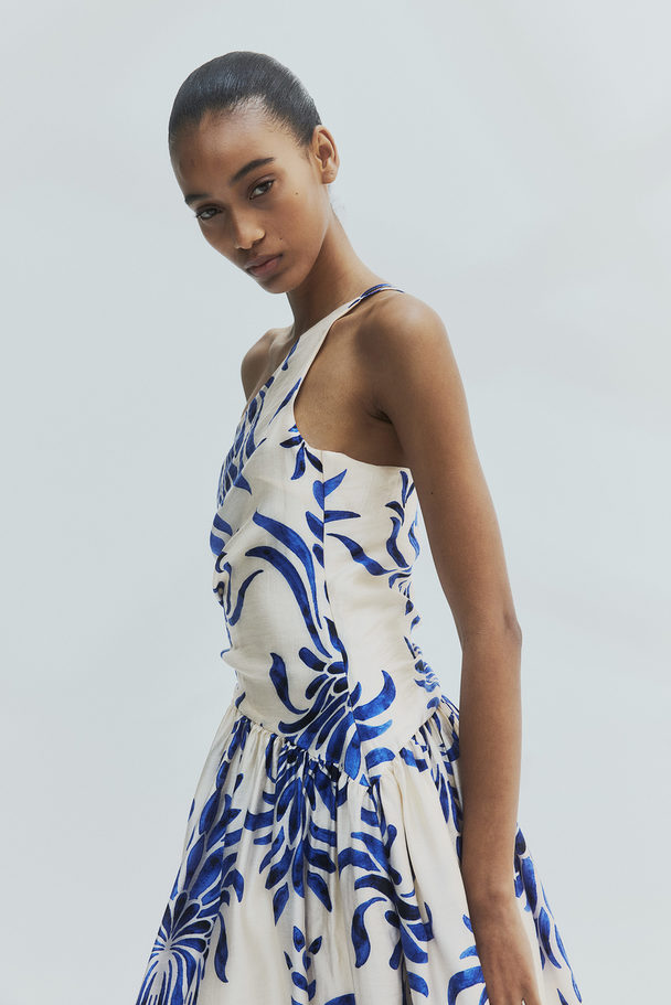 H&M One-Shoulder-Kleid Cremefarben/Blau gemustert