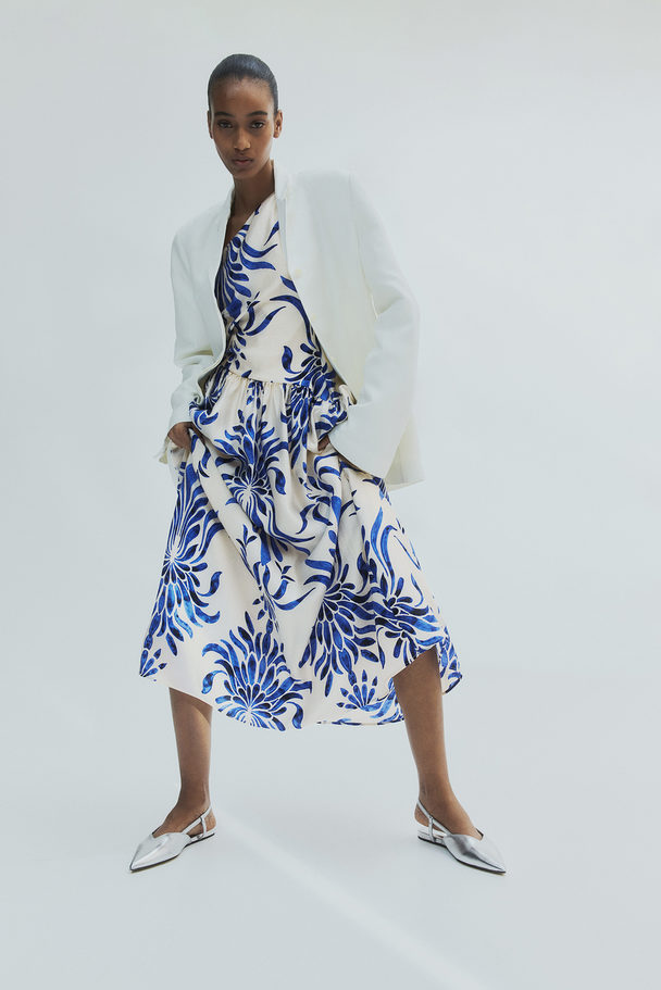 H&M One Shoulder-kjole Cream/blå Mønstret