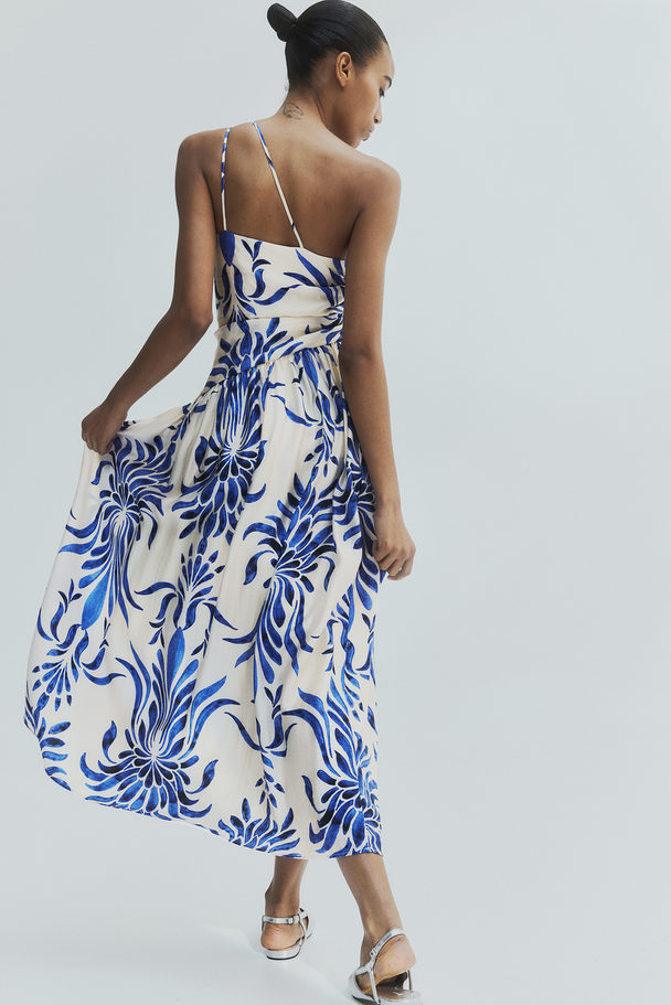 H&M One-shoulder Dress Cream/blue Patterned