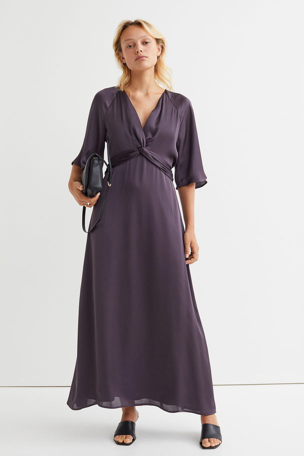 H&M V-neck Satin Dress Dark Plum Purple