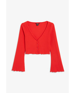 Flared Sleeve Ribbed Cardigan Red