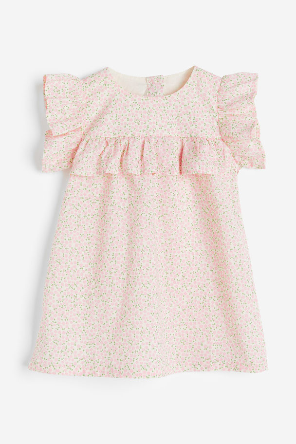 H&M Frill-trimmed Cotton Dress Light Pink/small Flowers