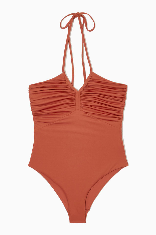 COS Ruched Halterneck Swimsuit Burnt Orange