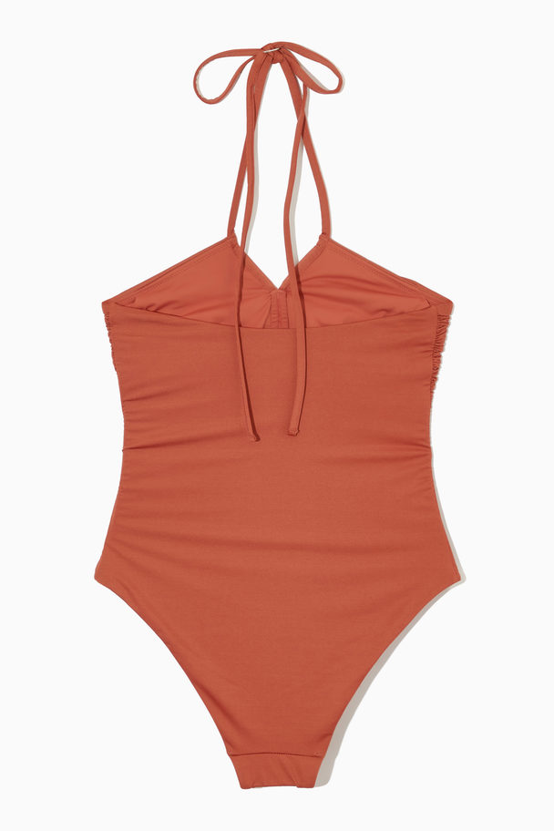 COS Ruched Halterneck Swimsuit Burnt Orange