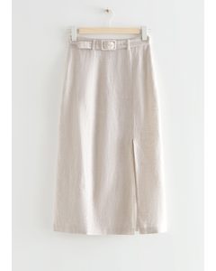 Belted Linen Midi Skirt Beige