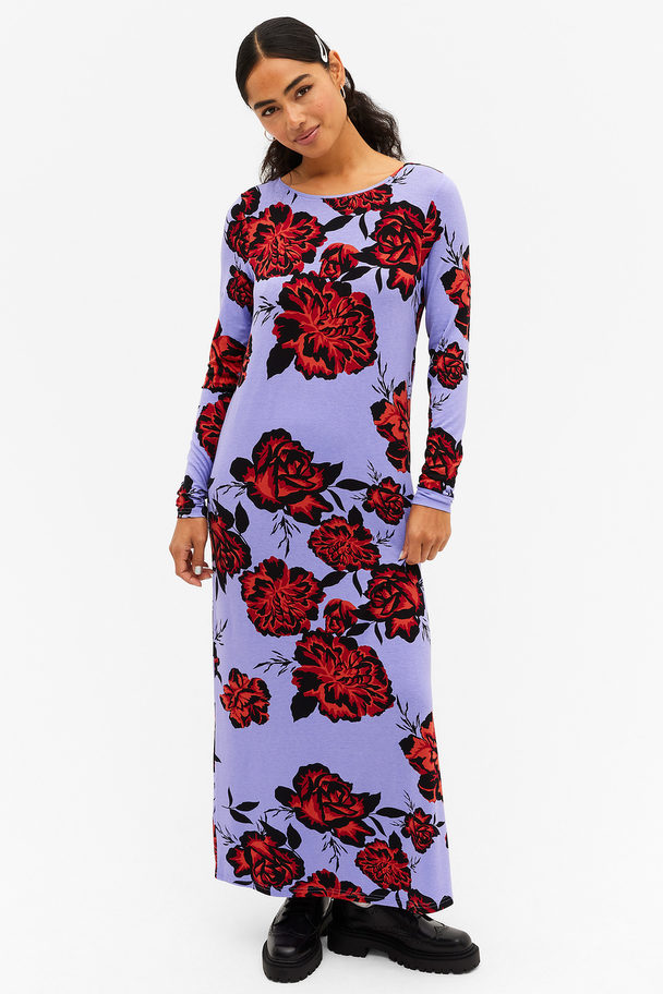 Monki Long Sleeved Jersey Dress Lilac With Red Roses