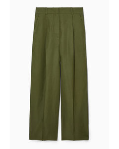 Wide-leg Linen-blend Trousers Dark Khaki