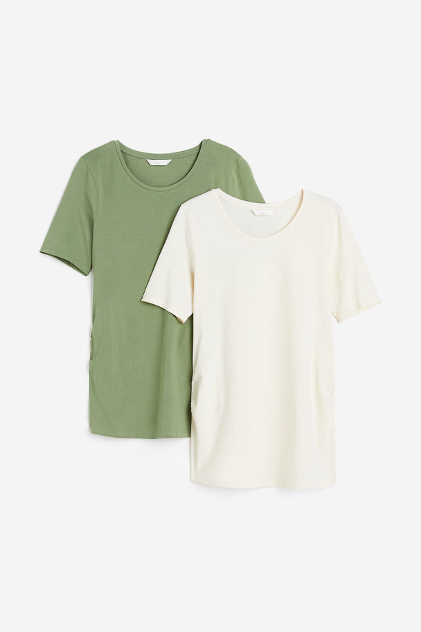 H&M MAMA 2er-Pack Baumwoll-T-Shirts Grün/Cremefarben