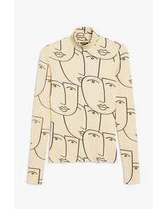 Soft Turtleneck Top Abstract Faces Print