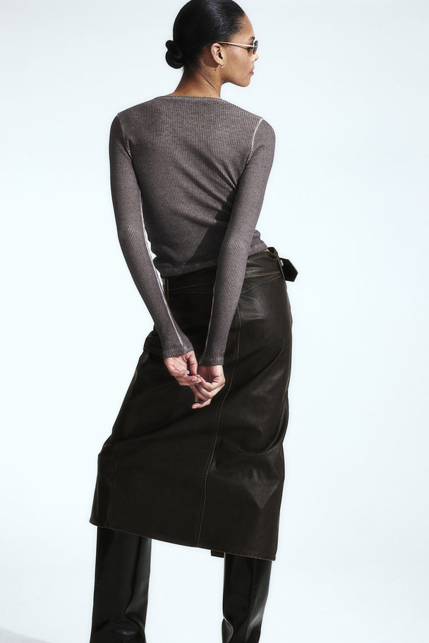 H&M Distressed-look Belted Skirt Dark Brown
