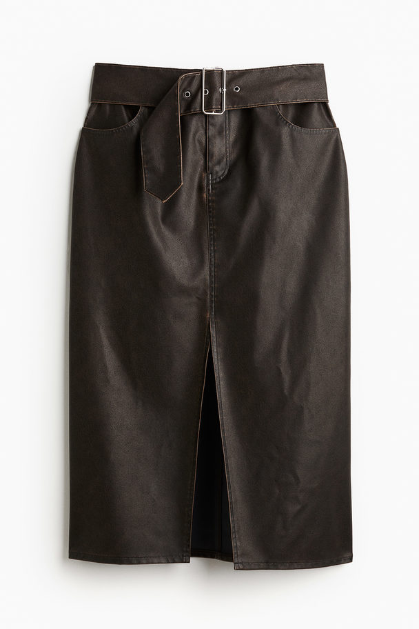 H&M Distressed-look Belted Skirt Dark Brown