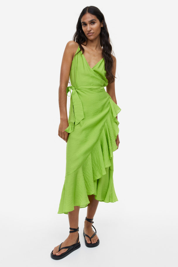 H&M Flounce-trimmed Wrap Dress Green