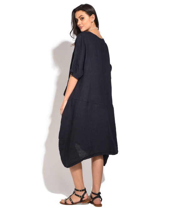 Le Jardin du Lin Fluid Mid-lenght Trapeze Dress With Half-sleeves And Pockets
