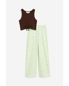 2-piece Top And Trousers Set Light Green/patterned