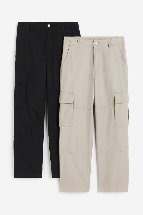 H&M 2-pack Cotton Cargo Trousers Black/light Beige