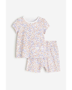 Katoenen Pyjama Wit/roze Bloemen