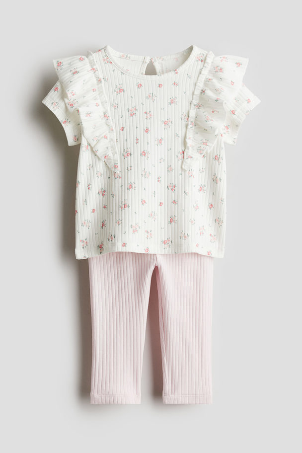 H&M 2-piece Jersey Top And Leggings Set Light Pink/floral