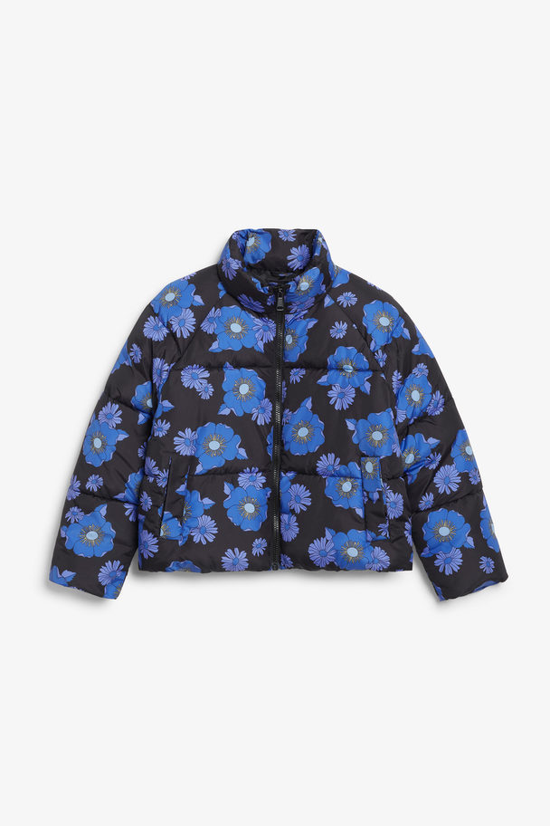 Monki Black Floral Puffer Jacket Blue Medium Florals