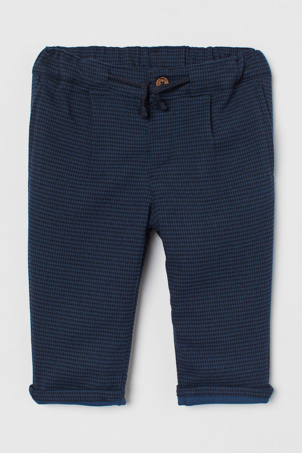 H&M Loose Fit Pull-on Trousers Dark Blue/dogtooth-patterned