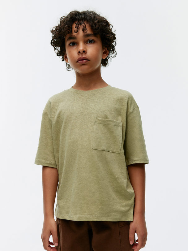 ARKET Loose Fit Linen Blend T-shirt Khaki Green