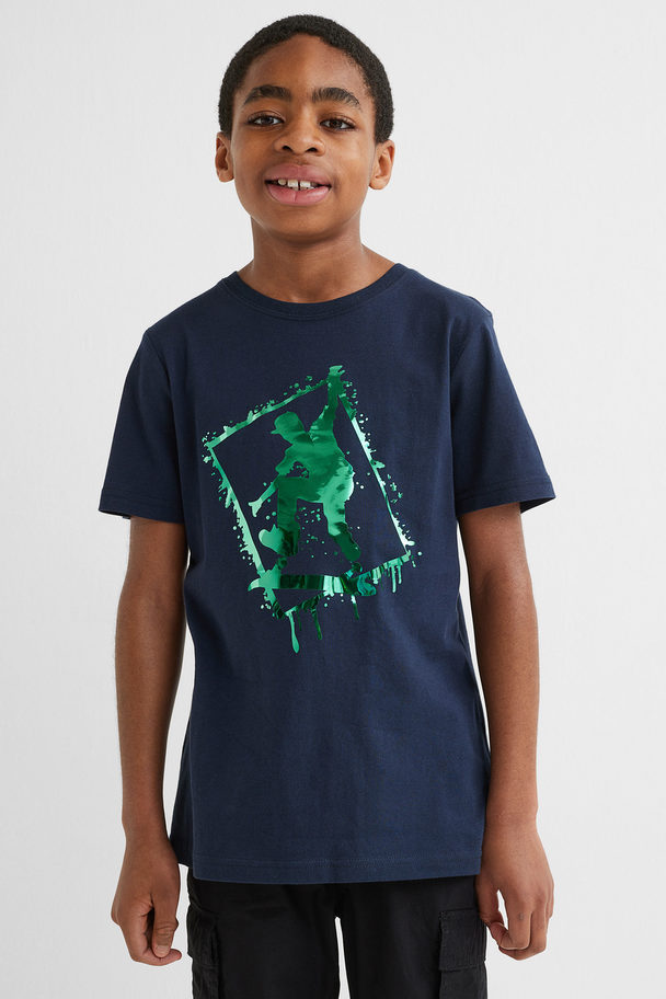 H&M Shimmering Metallic-print T-shirt Dark Blue/skateboarder