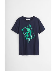T-shirt Met Metallic Print Donkerblauw/skateboarder