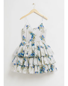 Mehrlagiges Kleid aus Seidenmischung mit Trägern Weiß/Blumendruck
