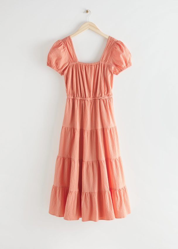 & Other Stories Tiered Puff Sleeve Cotton Midi Dress Peach