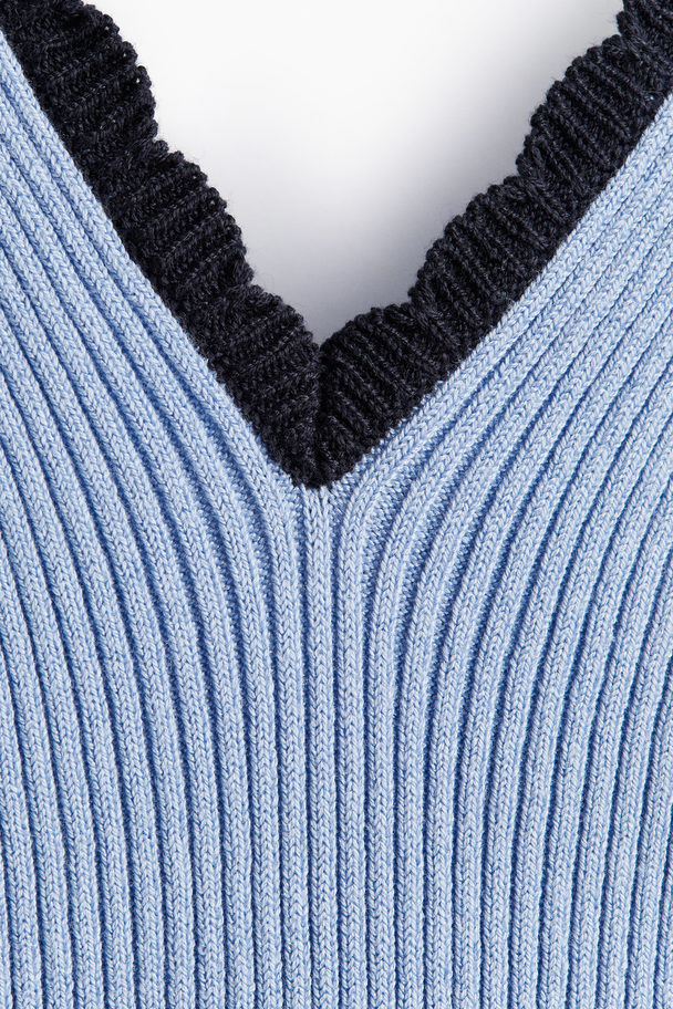H&M Scallop-edged Rib-knit Vest Top Light Blue