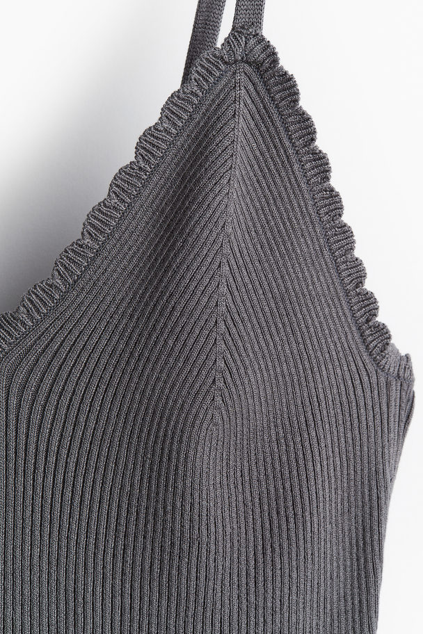 H&M Scallop-edged Rib-knit Vest Top Dark Grey