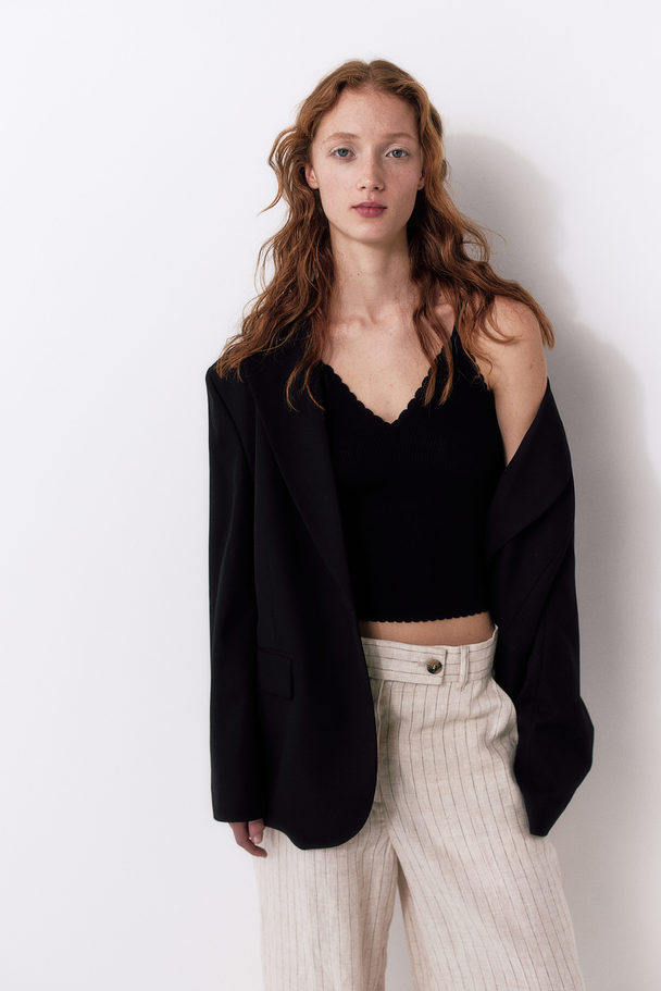 H&M Scallop-edged Rib-knit Vest Top Black