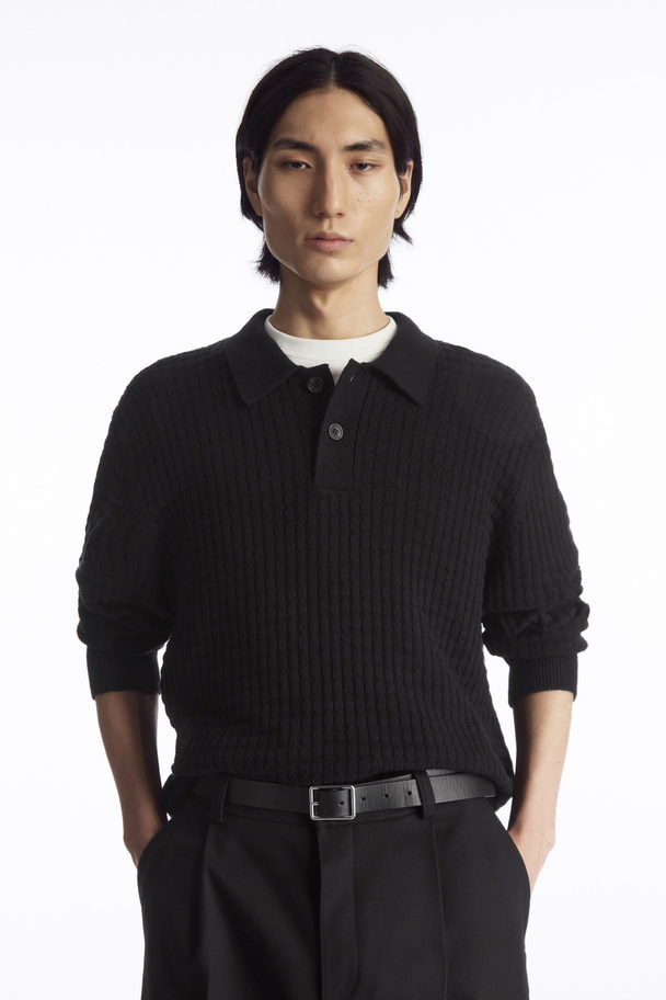 COS Textured Knitted Polo Shirt Black