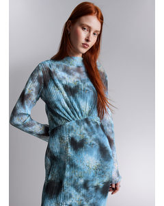 Pleated Midi Dress Blue Print