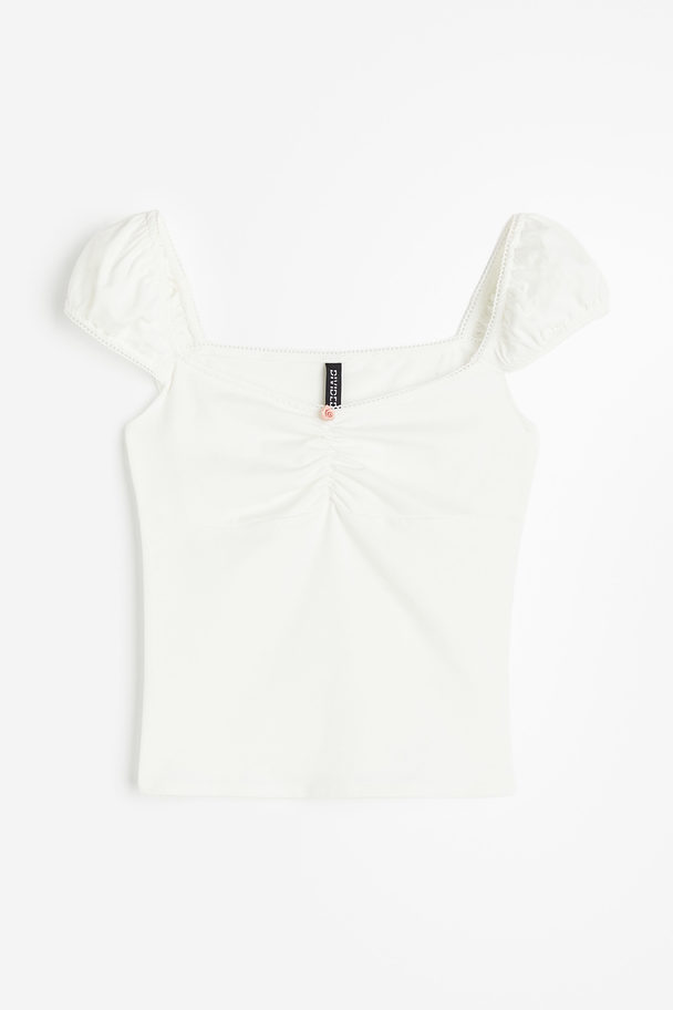 H&M Shirt mit Picot-Besätzen und Puffärmeln Weiß