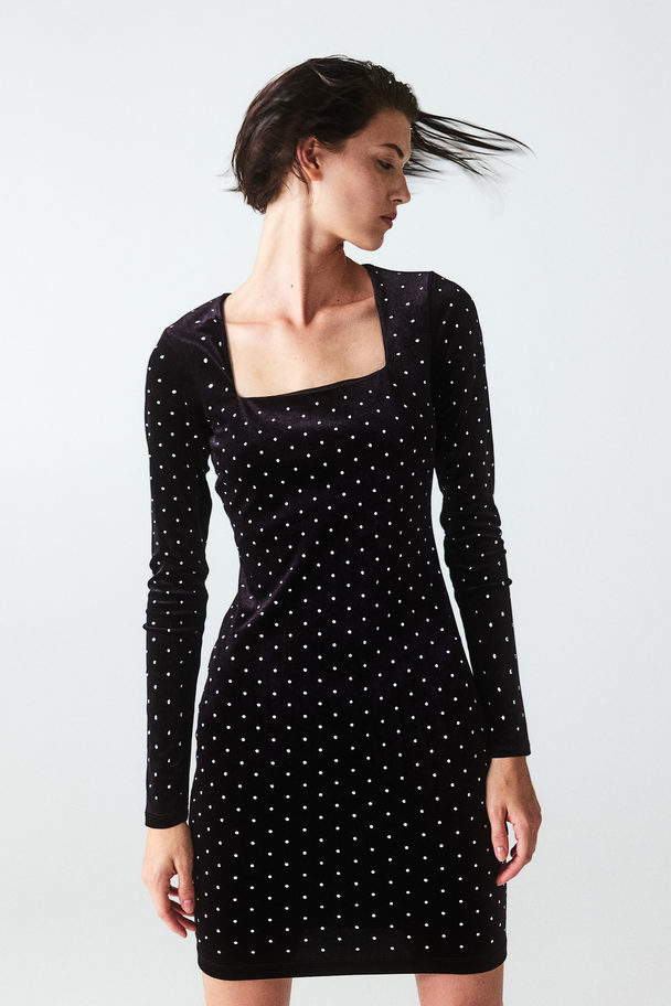 H&M Bodycon-Kleid mit eckigem Ausschnitt Schwarz/Nieten