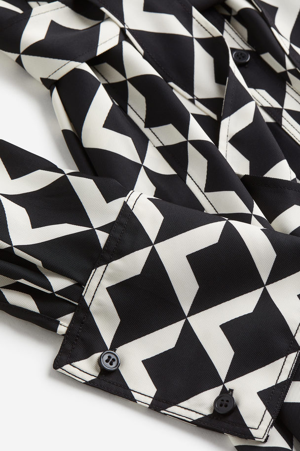 H&M Blusenkleid mit Bindegürtel Schwarz/Weiß gemustert