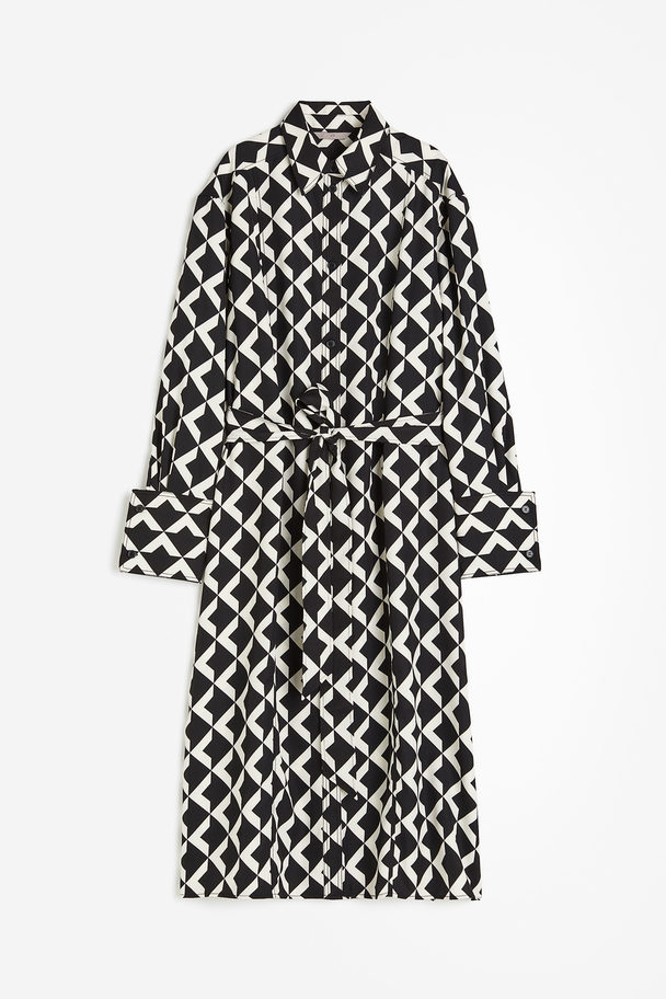H&M Blusenkleid mit Bindegürtel Schwarz/Weiß gemustert
