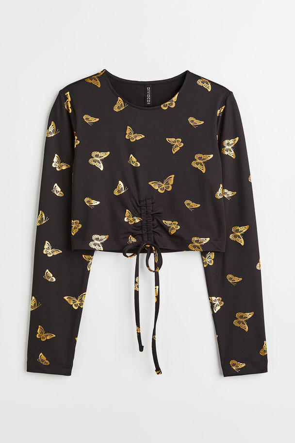 H&M Drawstring-detail Jersey Top Black/butterflies