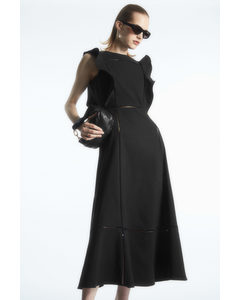 Ruffled Linen-blend Midi Dress Black